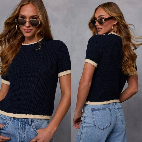 VICI FORE Navy Clocking In Short Sleeve Crew Neck Sweater - Picture 1 of 6